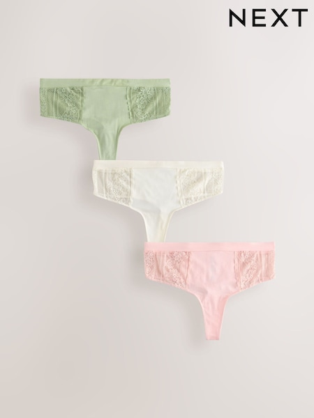 Khaki/Light Pink/Cream High Waisted Thong Modal & Lace Knickers 3 Pack (AV4549) | £21