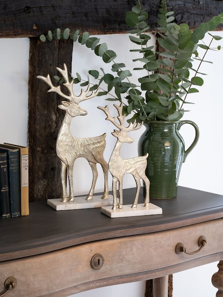 Set of 2 Champagne Gold Base On Marble Reindeer Sculptures (AV4652) | £85