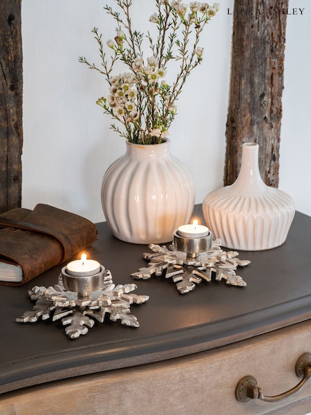 Laura Ashley Set of 2 Silver Festive Snowflake Tea Light Holders (AV4655) | £55