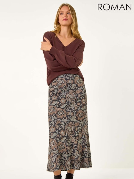 Roman Brown Floral Print Paneled Tulip Skirt (AV4695) | £32
