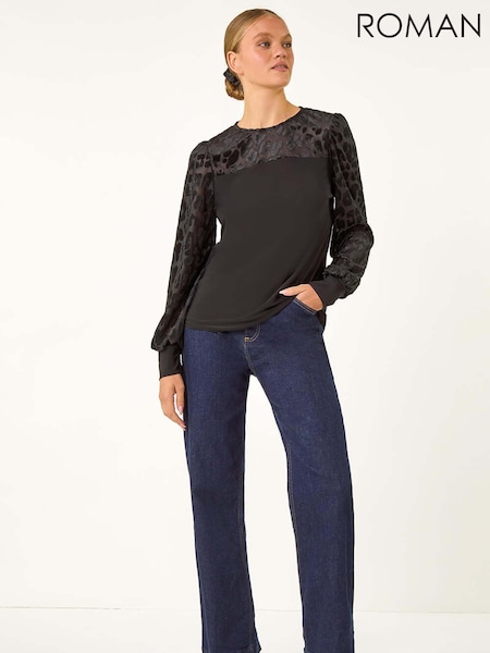 Roman Black Animal Print Velvet Puff Sleeves Jersey Top (AV4707) | £35