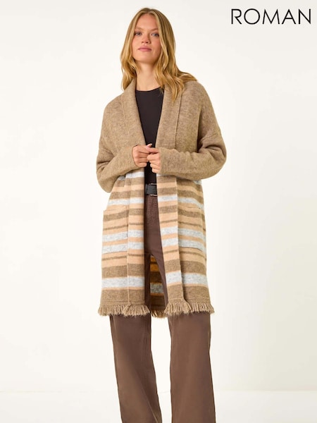 Roman Natural Stripe Print Knit Longline Cardigan (AV4729) | £45