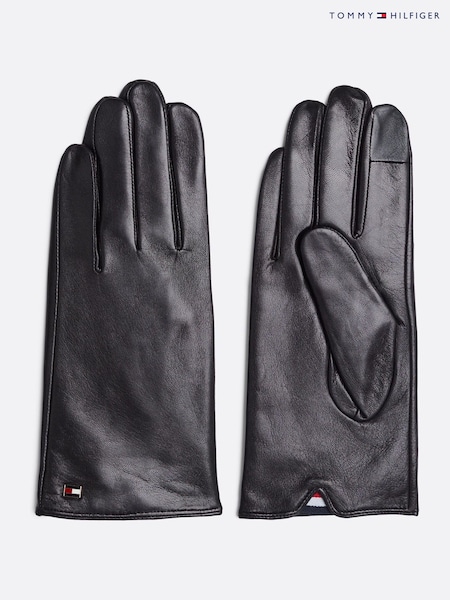 Tommy Hilfiger Black Essential Enamel Flag Leather Gloves (AV4855) | £75