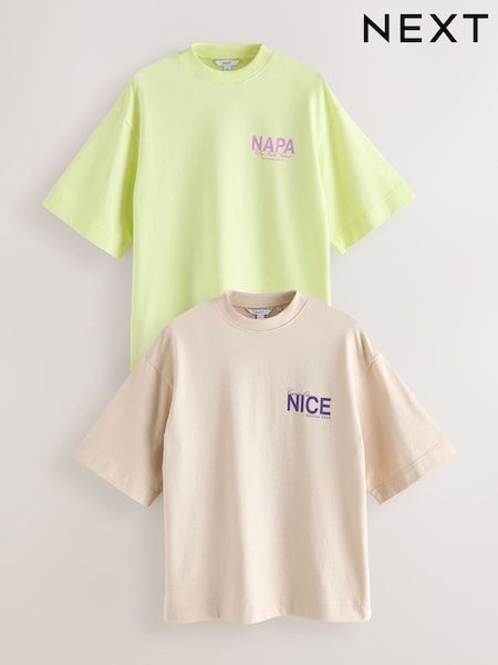 Lime & Neutral Oversized City Graphic Short Sleeve Crewneck 100% Cotton T-Shirts 2 Pack (AV4894) | £36