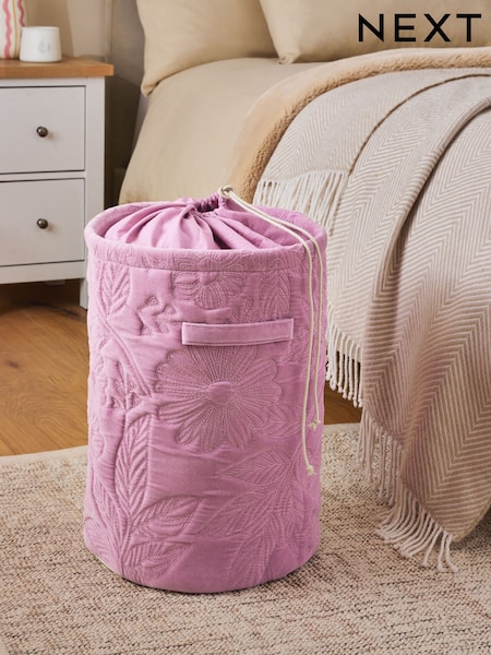 Purple Floral Print Embroidered Laundry Bag Basket (AV4910) | £40