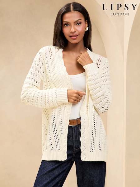Lipsy Ivory Petite Knitted Pretty Stitch Crochet Long Cardigan (AV4938) | £44