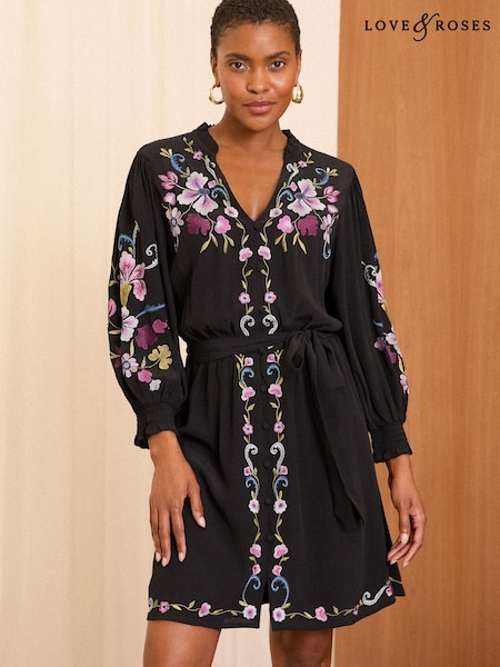 Love & Roses Black Petite Floral Embroidered Dress (AV4988) | £75
