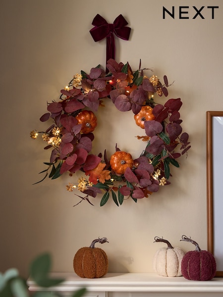 Plum Purple Light Up Autumnal Pumpkin Wreath (AV5001) | £36