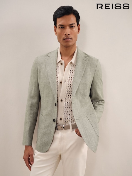 Reiss Sage Green Stack Slim-Fit Single-Breasted Wool-Blend Textured Blazer (AV5085) | £298