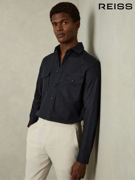 Reiss Navy Whisper Stretch-Cotton Twill Twin-Pocket Overshirt (AV5097) | £118