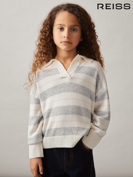 Reiss Grey Eden 9-13 yrs Wool-Blend Striped Collared Jumper With Cashmere (AV5108) | £43