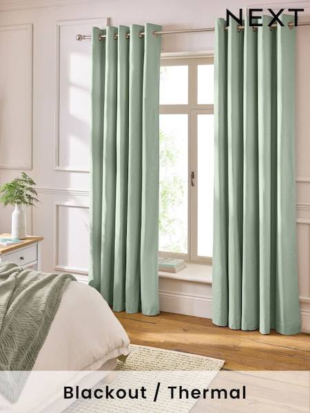 Green Pale Sage Blackout/Thermal Cotton Eyelet Curtains (AV5300) | £40 - £105