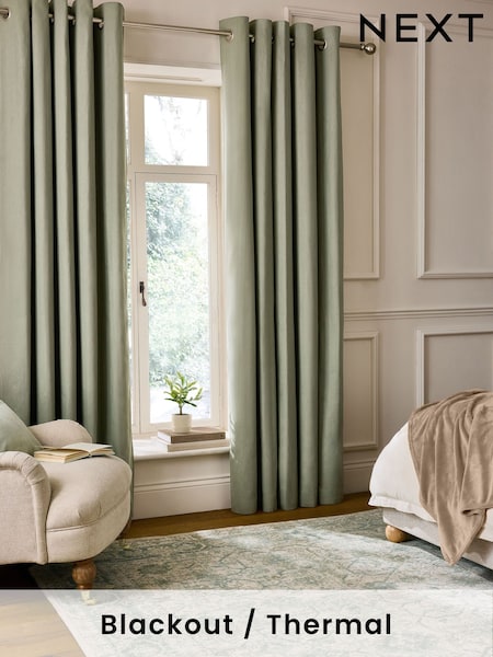 Green Olive Blackout/Thermal Cotton Eyelet Curtains (AV5301) | £40 - £105