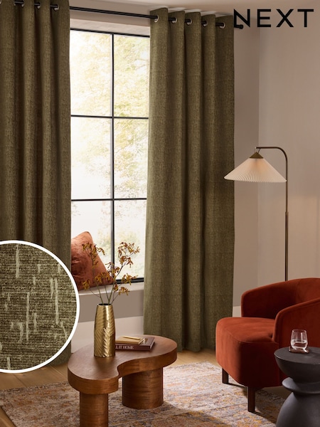 Green Olive Heavyweight Chenille Eyelet Lined Curtains (AV5302) | £60 - £155