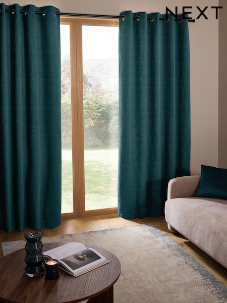 Blue Teal Heavyweight Chenille Eyelet Lined Curtains (AV5304) | £0