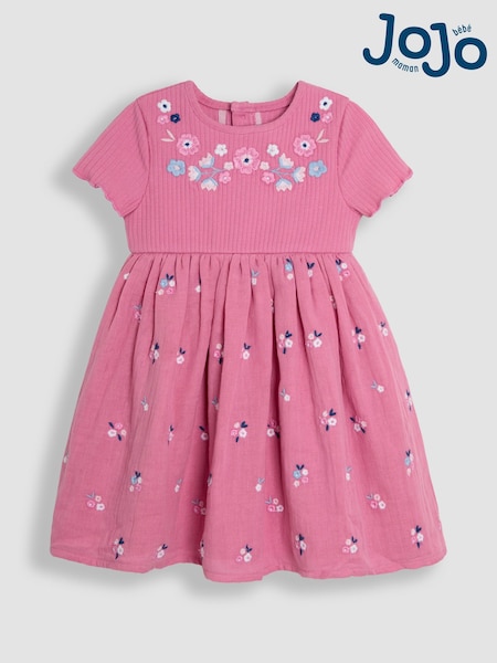 JoJo Maman Bébé Rose Pink Embroidered Rib Cheesecloth Dress (AV5327) | £27 - £30
