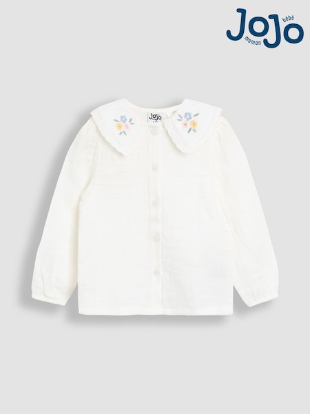 JoJo Maman Bébé Cream Floral Embroidered Print Peter Pan Collar Cheesecloth Blouse (AV5331) | £19 - £22