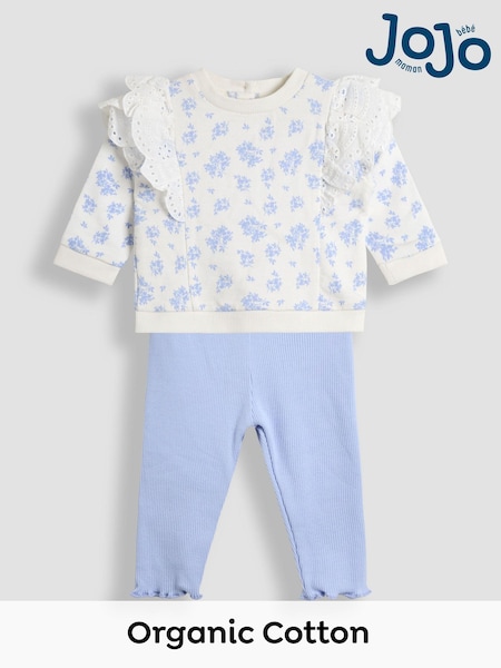 JoJo Maman Bébé Blue Ditsy Floral Organic Cotton 2-Piece Floral Sweatshirt & Leggings Set (AV5363) | £28 - £29
