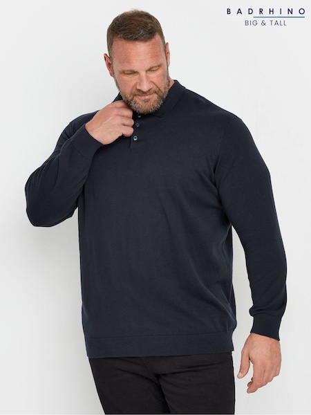 BadRhino Big & Tall Blue Long Sleeve Knitted Polo Shirt (AV5393) | £32