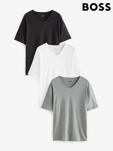 BOSS Grey/White/Black V-Neck Classic 100% Cotton T-Shirts 3 Pack (AV5513) | £45