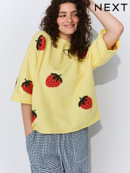 Yellow Strawberry Graphic Print Pattern Knitted Half Sleeve Top (AV5560) | £38