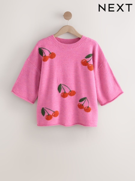 Pink Cherry Graphic Print Pattern Knitted Half Sleeve Top (AV5563) | £38