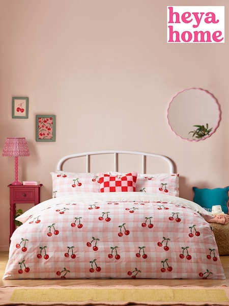 heya home Pink Cherry Gingham Duvet Set (AV6015) | £15 - £32