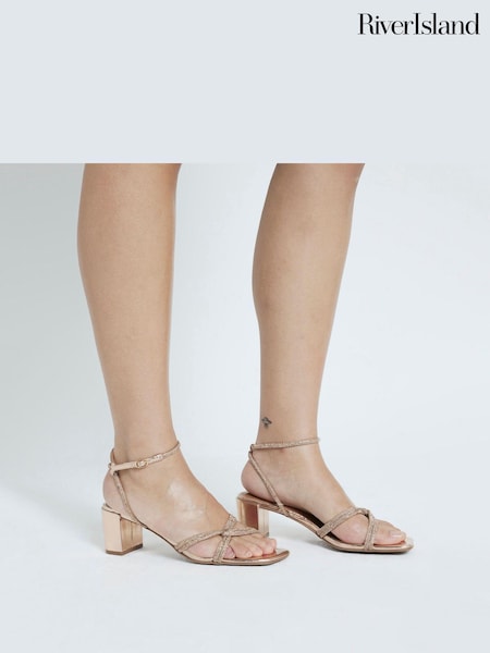 River Island Gold Diamante Block Heeled Sandals (AV6149) | £18