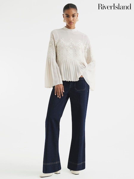 River Island Cream Lace Applique Pleated Blouse (AV6204) | £42