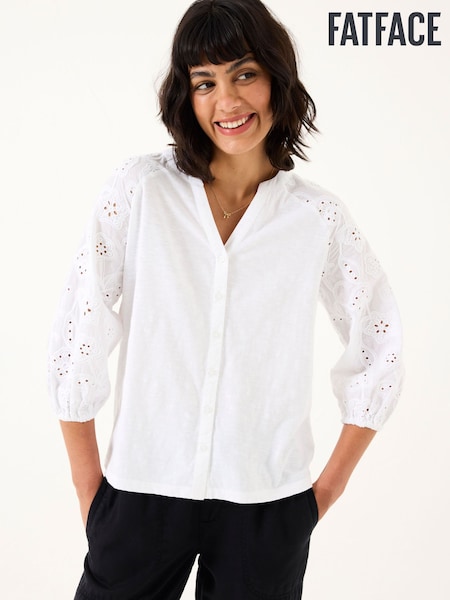 FatFace Elsie White Broderie 100% Cotton Jersey Shirt (AV6261) | £46