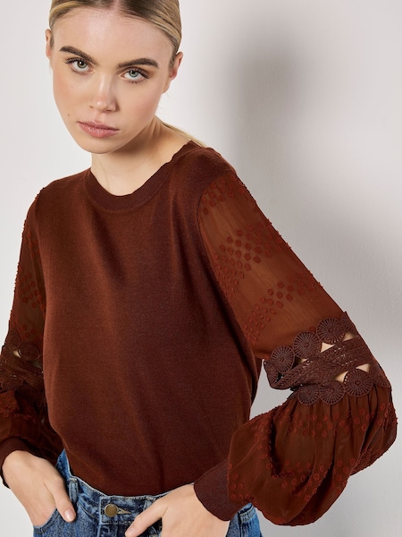 Apricot Brown Chiffon Crochet Sleeves Jumper (AV6294) | £39