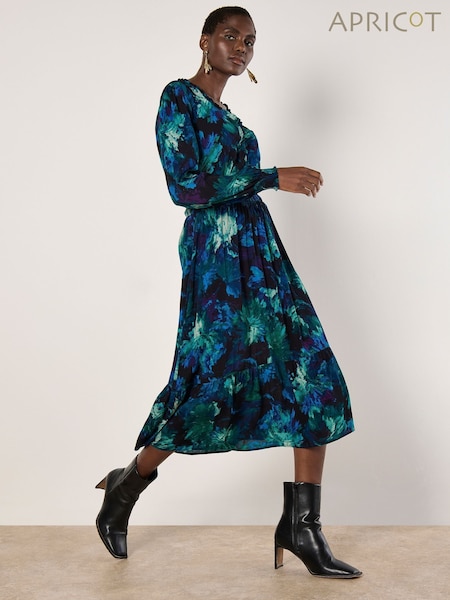 Apricot Green Paintbrush Floral Print Tier Midi Dress (AV6304) | £46