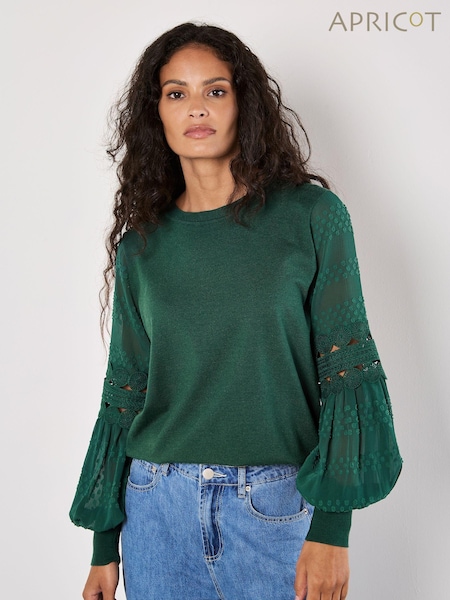 Apricot Green Chiffon Crochet Sleeves Jumper (AV6311) | £39