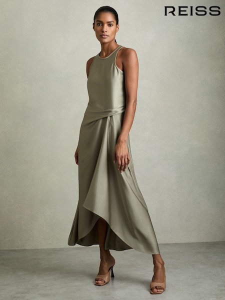 Reiss Khaki Micah Satin Drape Tuck Midi Dress (AV6521) | £158