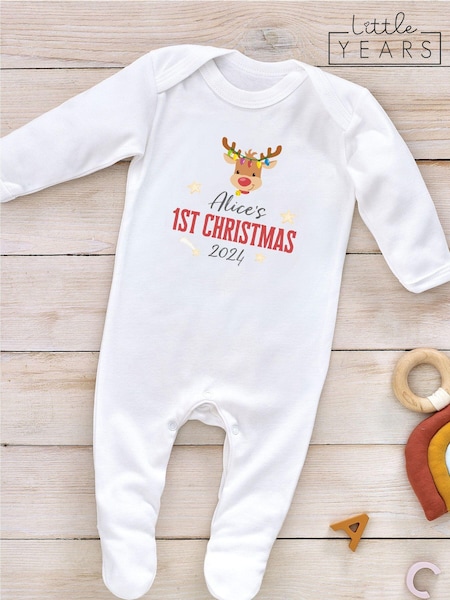 Little Years White Personalised Christmas Rudolf 100% Cotton Sleepsuit (AV6567) | £16
