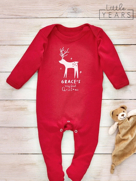 Little Years Red Personalised Deer 100% Cotton Christmas Sleepsuit (AV6570) | £16