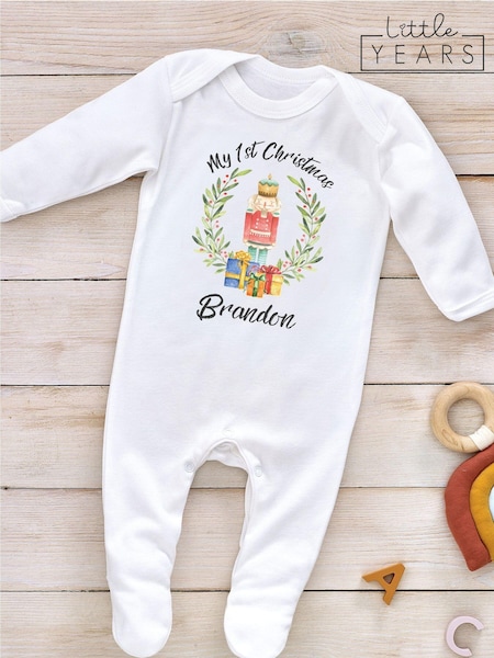 Little Years White Personalised Christmas Nutcracker 100% Cotton Sleepsuit (AV6571) | £16