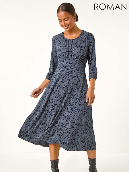 Roman Grey Petite Spot Print Ruched Midi Dress (AV6673) | £42