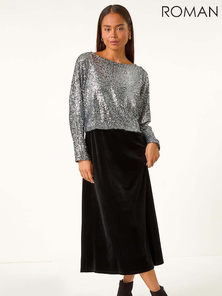 Roman Black Petite Constrast Sequin Velvet Dress (AV6676) | £70