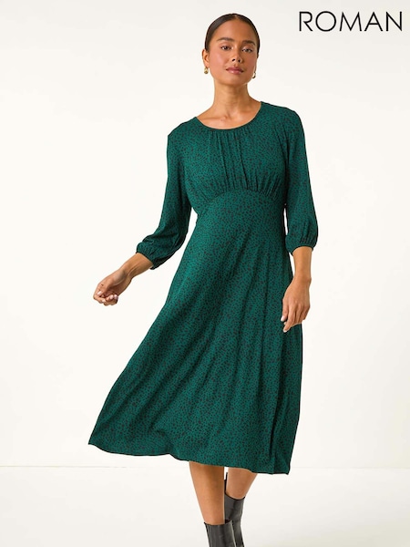 Roman Green Petite Spot Print Ruched Midi Dress (AV6678) | £42