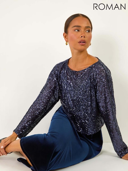 Roman Blue Petite Constrast Sequin Velvet Dress (AV6685) | £70
