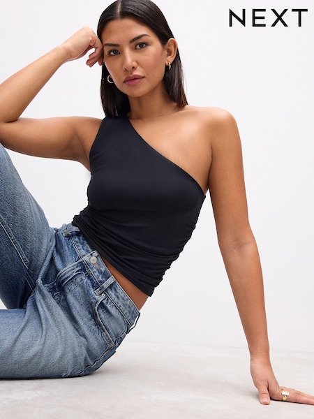 Black Soft Touch Polyamide One Shoulder Ruched Top (AV6737) | £20