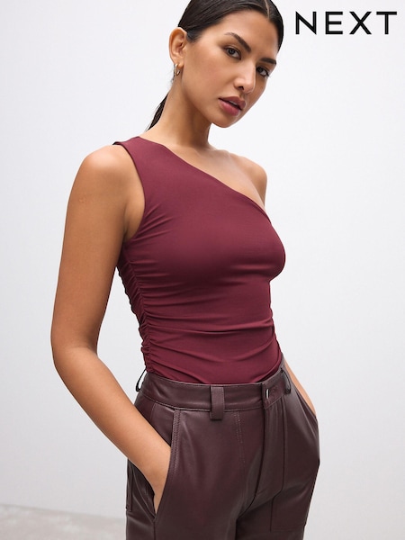 Burgundy Red Soft Touch Polyamide One Shoulder Ruched Top (AV6738) | £20