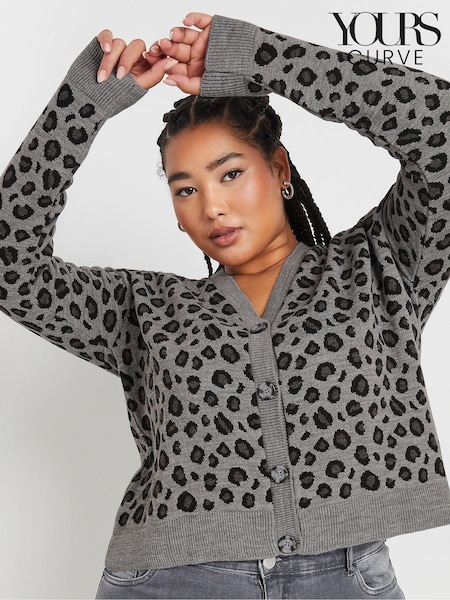 Yours Curve Grey Limited Leopard Print Knitted Cardigan (AV6867) | £29