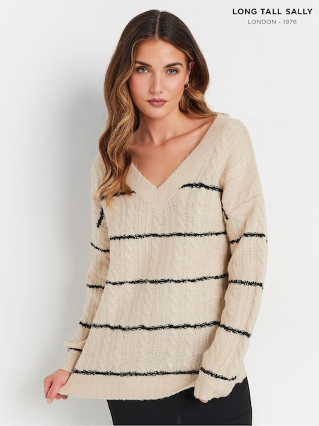 Long Tall Sally Natural Stripe Cable V Jumper (AV6974) | £39