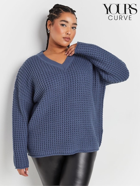 Yours Curve Blue Waffle Knit V-Neck Jumper (AV7001) | £29