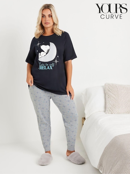 Yours Curve Navy Blue Snoopy Relax Cuffed Pyjamas Set (AV7019) | £36