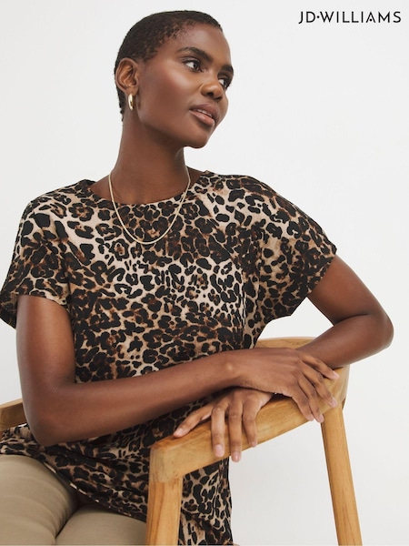 JD Williams Natural Leopard Print Textured Longline Curved Hem Top (AV7155) | £27