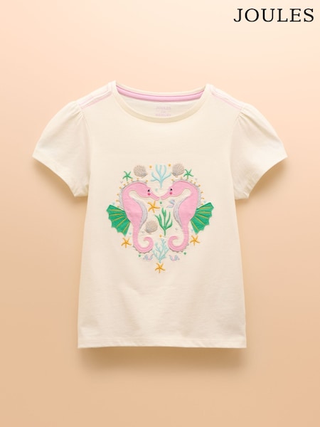 Joules Astra Cream Seahorse Applique Cotton T-Shirt (AV7405) | £16 - £18