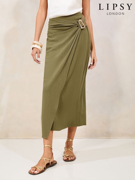 Lipsy Khaki Green Petite Touch of Linen Wrap Midi Skirt (AV7418) | £38